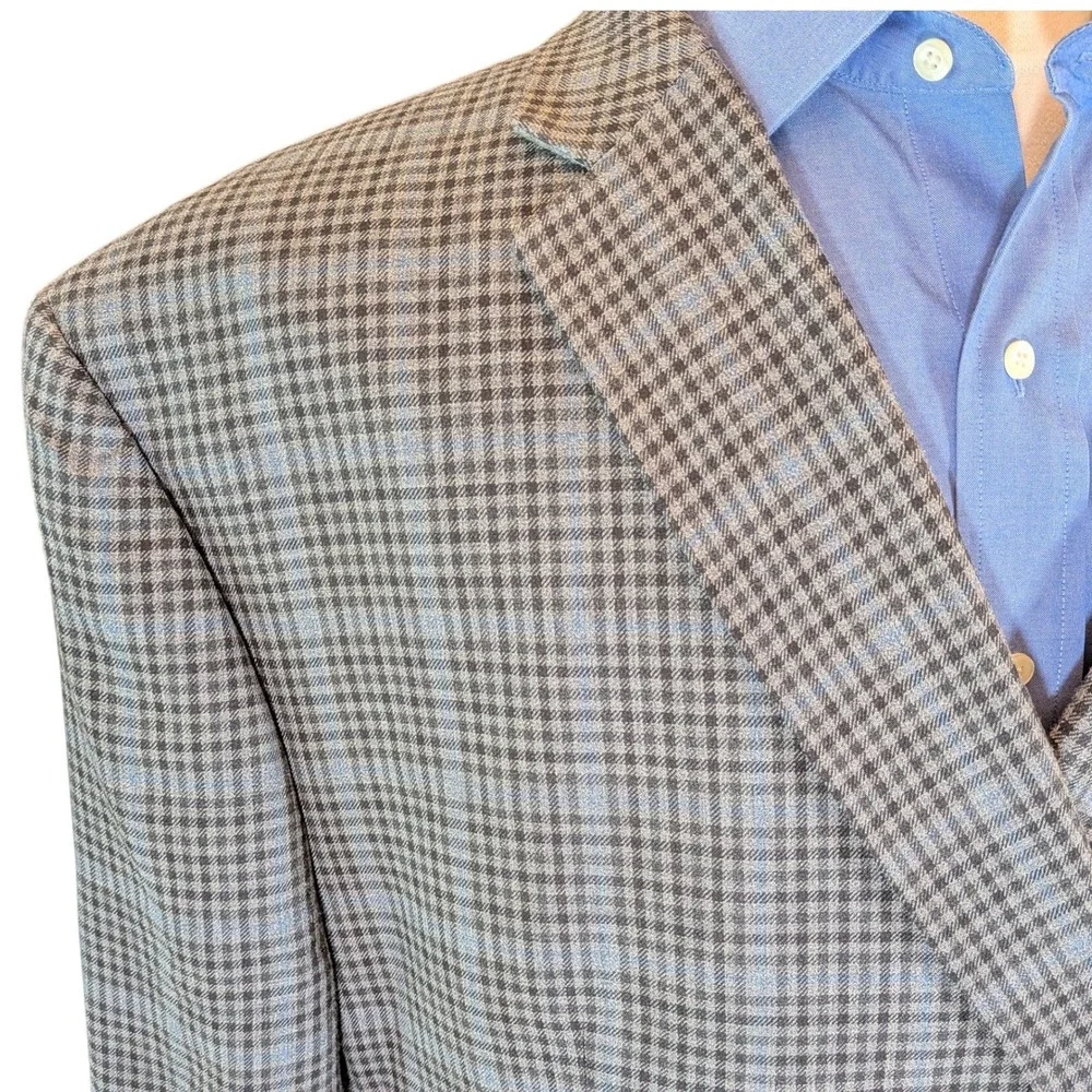 Ralph Lauren Executive‎ Silk Wool Glen Plaid Sport Coat Blazer Grey Blue 54R